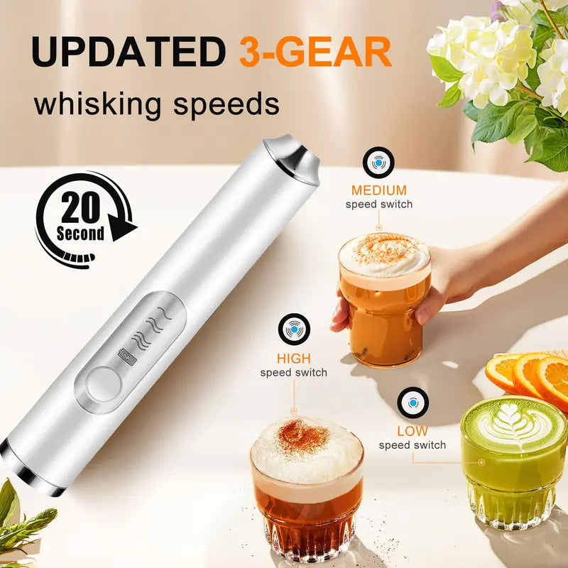 Rechargeable Milk Frother Handheld with 3 Heads 3 Speeds