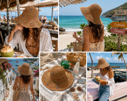 Colorful Rafia Wide Brim Straw Sun Hat