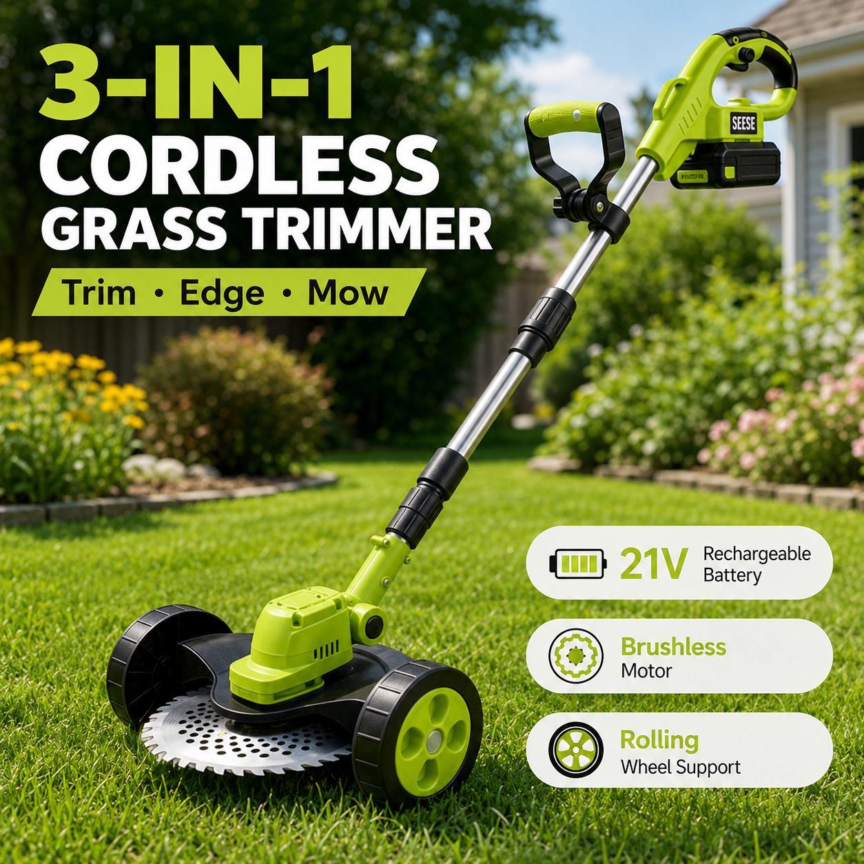 3-in-1 Cordless String Trimmer, Edger & Mini Mower – 2 Batteries Included