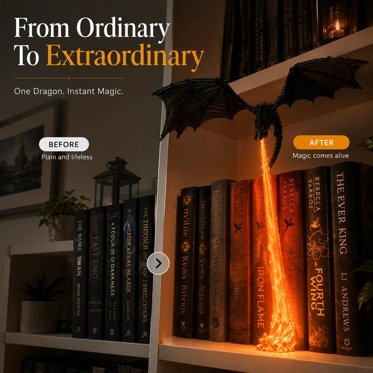 🐉 Fire-Breathing Dragon Bookshelf Lamp – Fantasy LED Shelf Decor