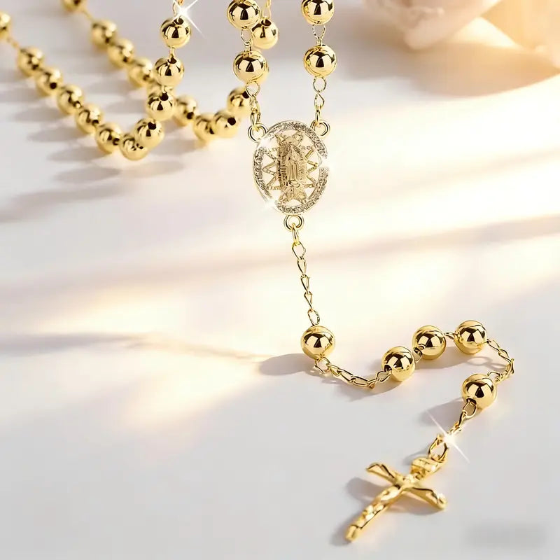 Fashion Hollow Virgin Guadalupe Prayer Bead Cross Necklace