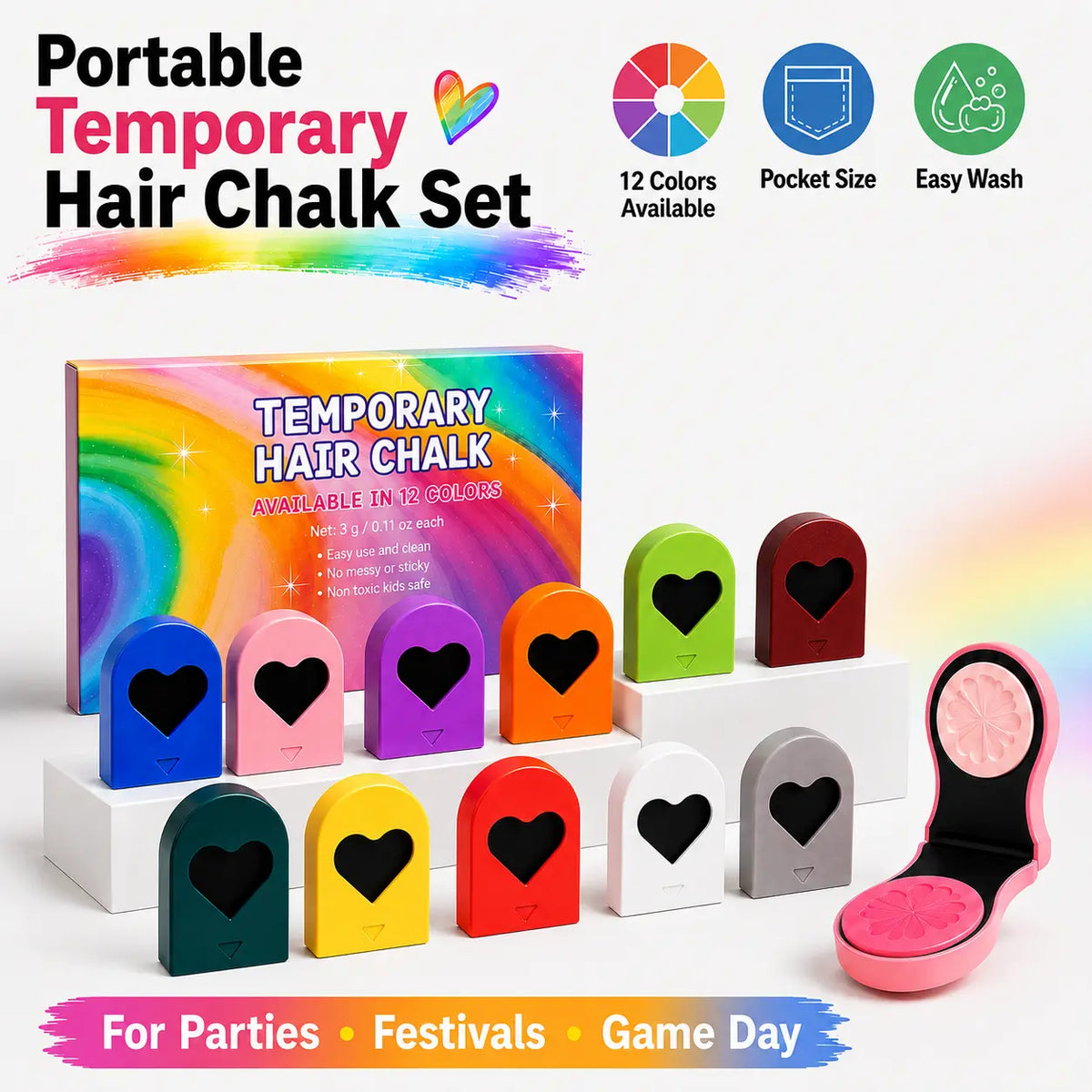 🌈 Washable Hair Chalk Set – Instant Temporary Hair Color for Parties & Festivals