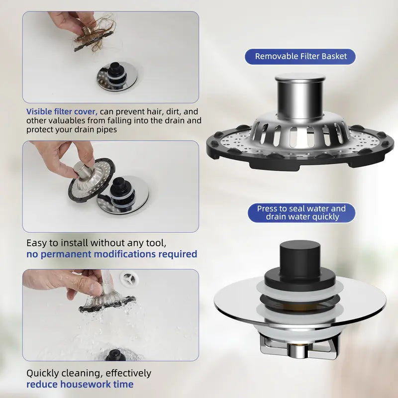 🛑 3-in-1 Pop-Up Sink Stopper – Drain Strainer & Debris Catcher