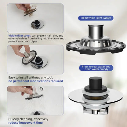 🛑 3-in-1 Pop-Up Sink Stopper – Drain Strainer & Debris Catcher