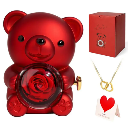 Preserved Rose Teddy Bear Gift Box with Heart Necklace