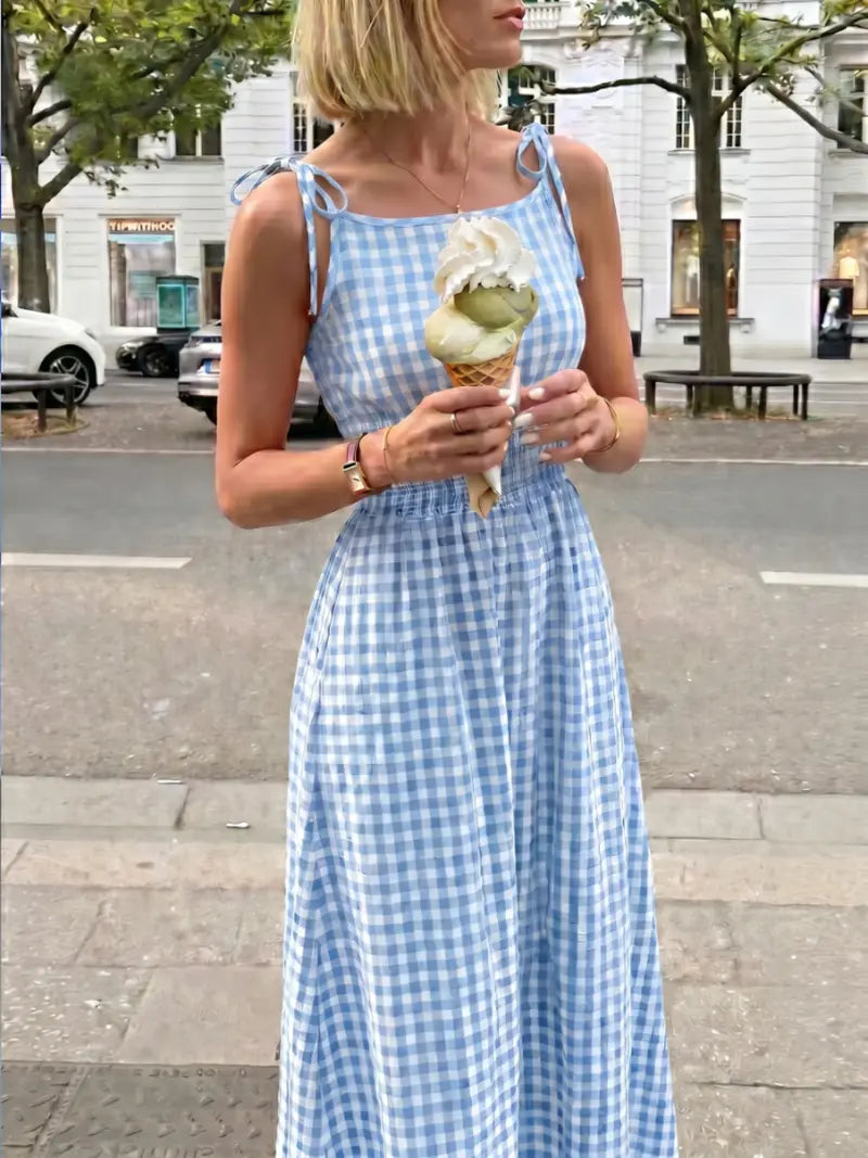 Women's Plaid Tie-Shoulder Maxi Dress | Sleeveless Elastic Summer Casual Dress