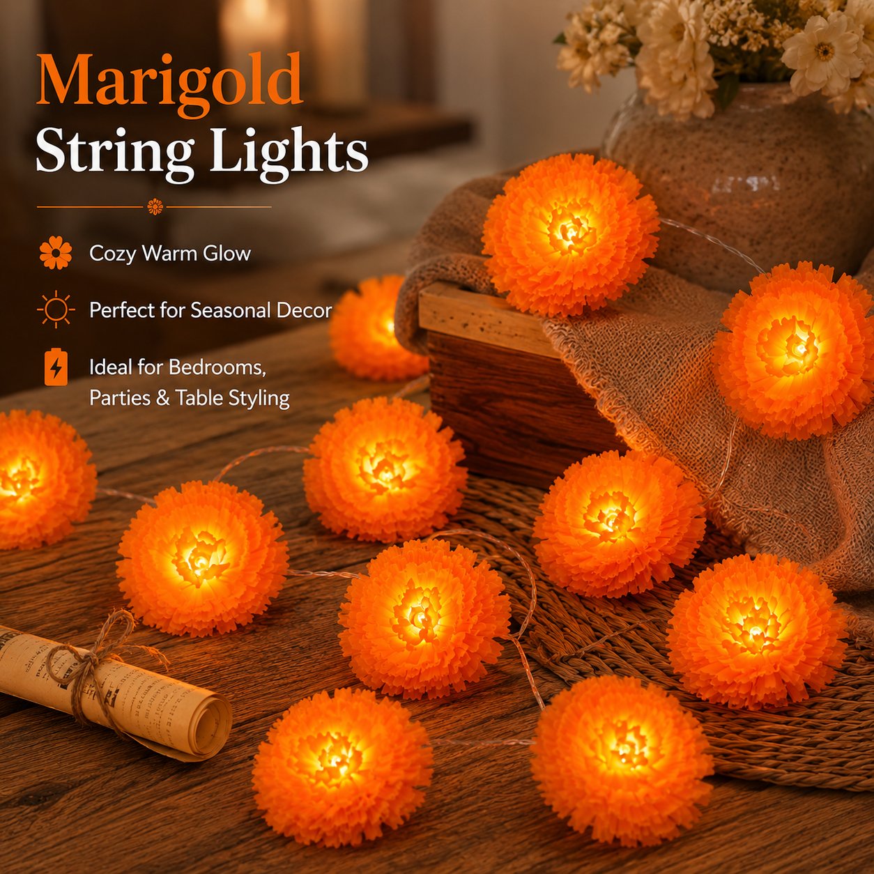 🎃🌼 Halloween Marigold LED Fairy String Lights