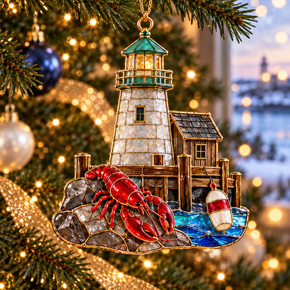 Coastal Lighthouse Christmas Ornaments – Vintage Stained Glass Style, Set of 6