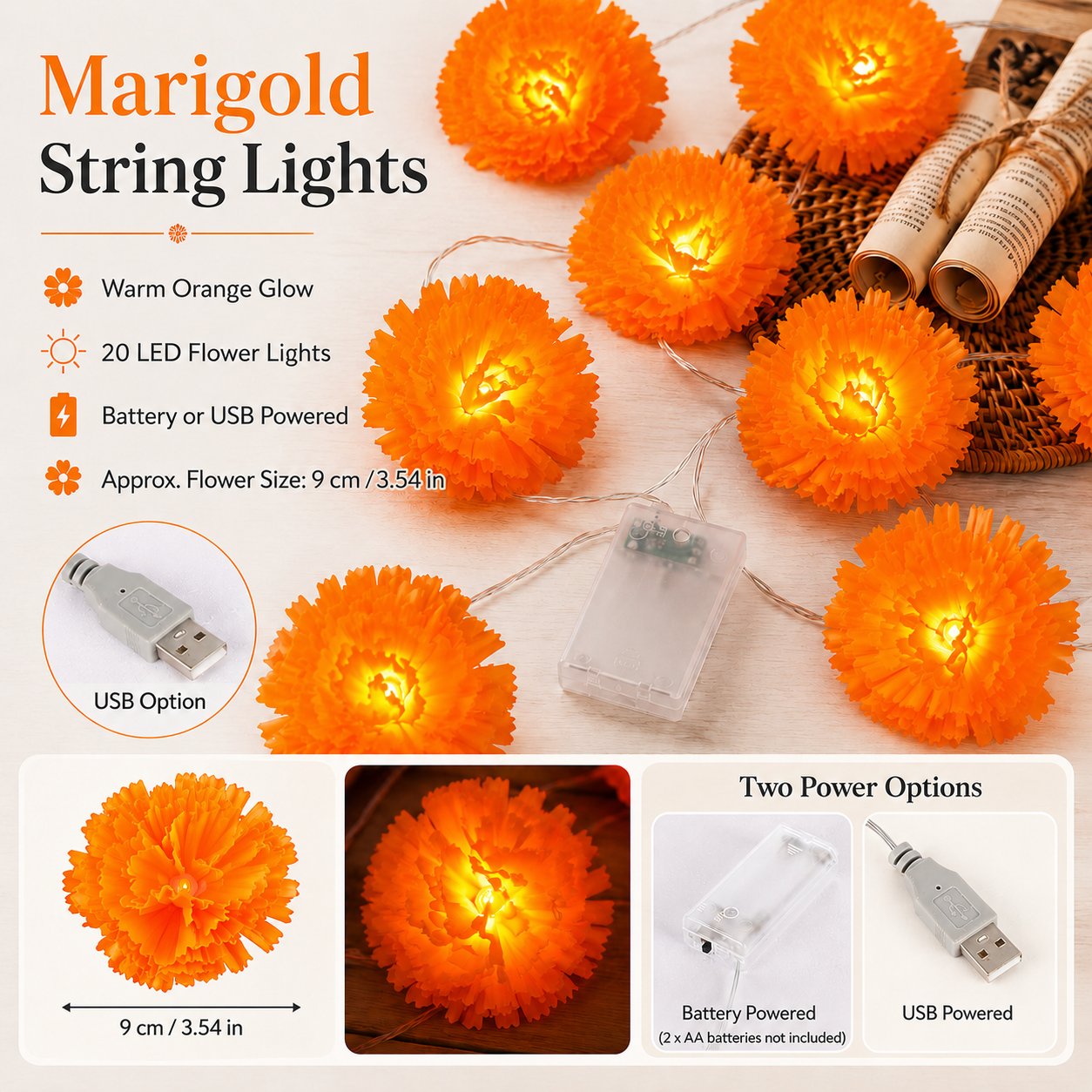 🎃🌼 Halloween Marigold LED Fairy String Lights