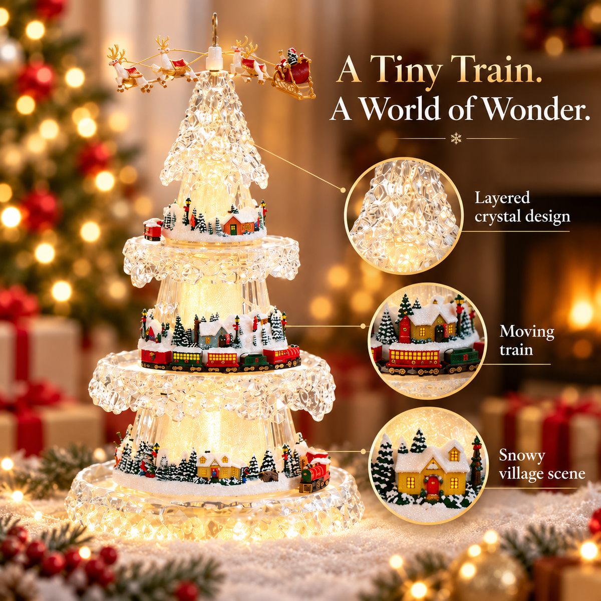 Musical Christmas Tree with Animated Train – Light-Up Acrylic Holiday Village Tabletop Decoration