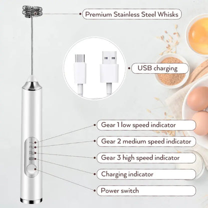 Rechargeable Milk Frother Handheld with 3 Heads 3 Speeds