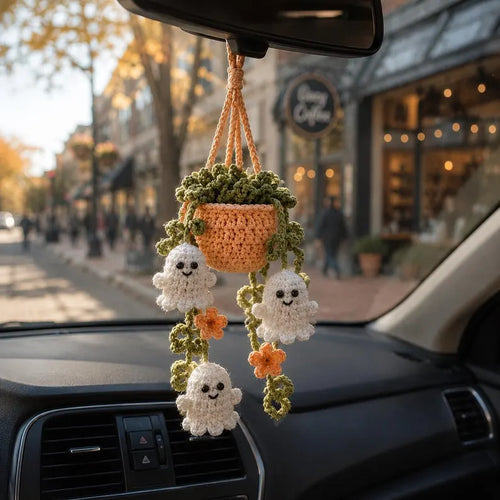 Halloween Crochet Ghost Car Hanging Plant