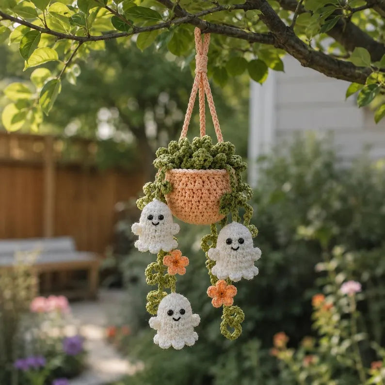 Halloween Crochet Ghost Car Hanging Plant