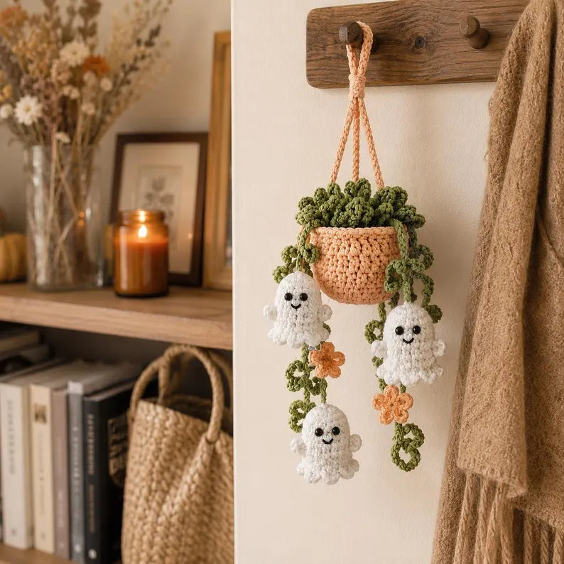Halloween Crochet Ghost Car Hanging Plant