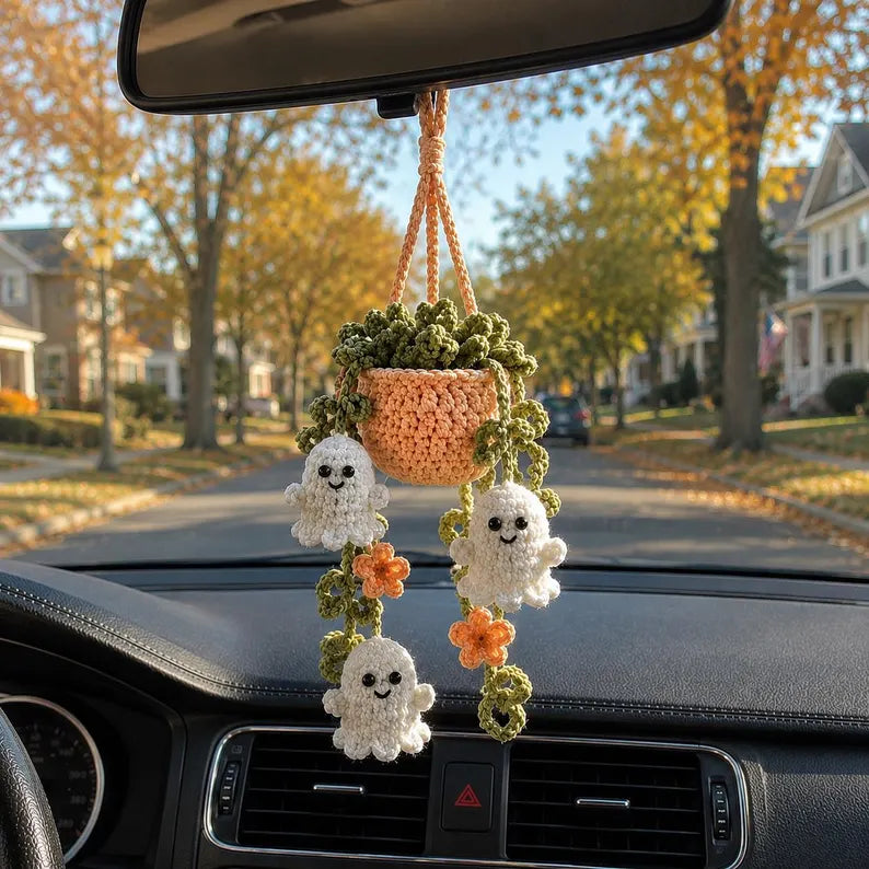 Halloween Crochet Ghost Car Hanging Plant