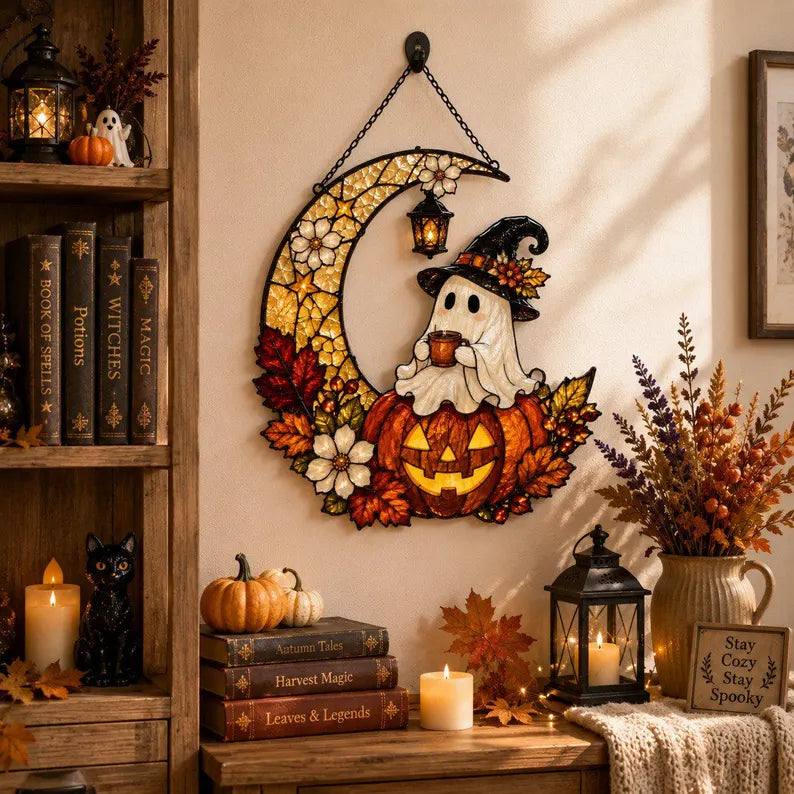 Ghost Pumpkin Moon Acrylic Suncatcher