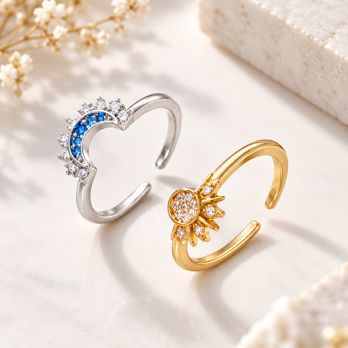 ☀️🌙 Sun & Moon Adjustable Ring Set – Two Souls, One Connection