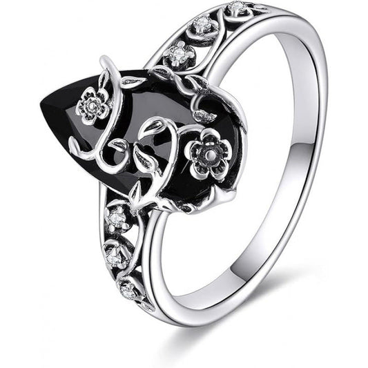 Vintage Floral Black Gemstone Ring