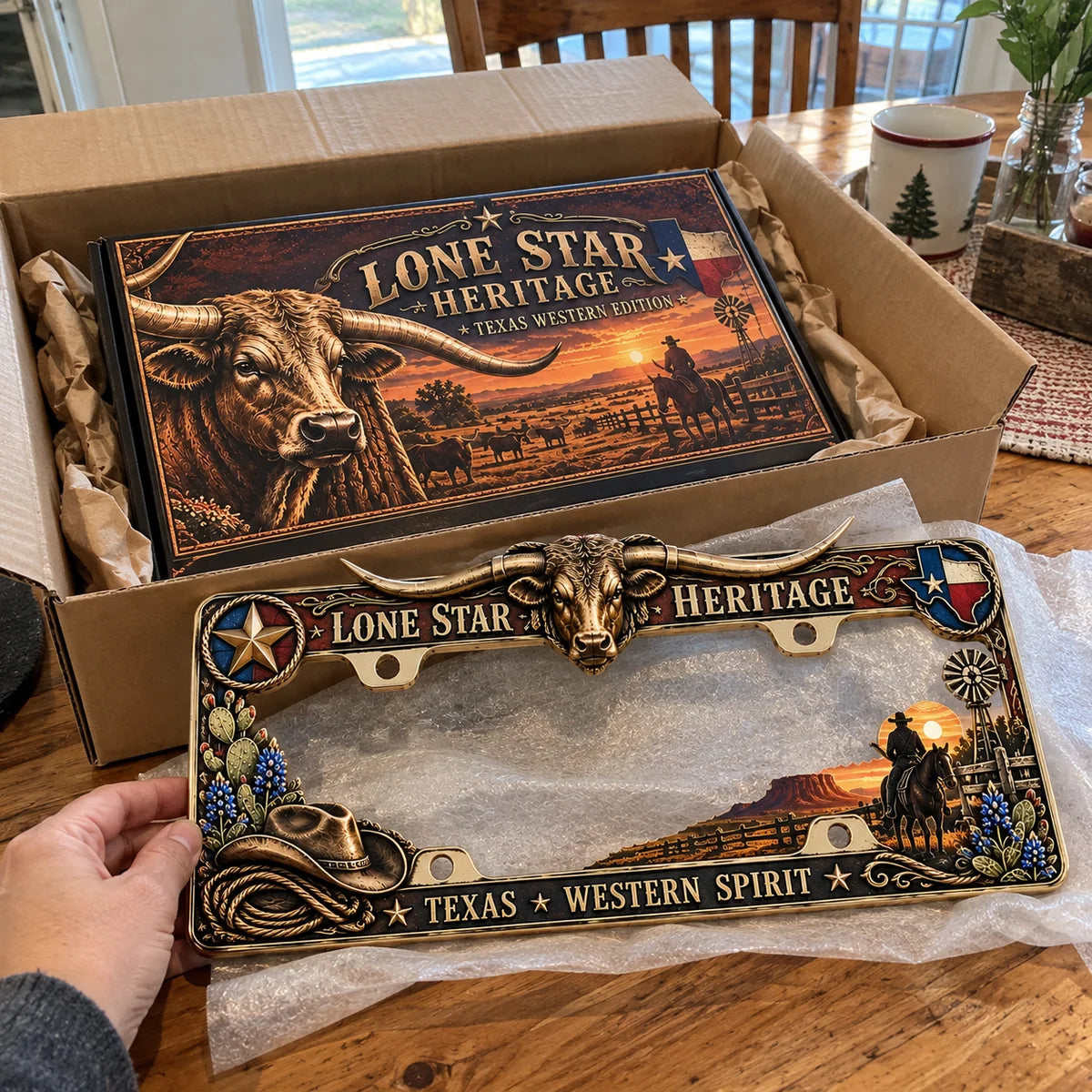 🐂🔥 Texas Longhorn Western Metal License Plate Frame – Vintage Cowboy & Lone Star Ranch Gift 🤠
