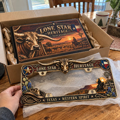 🐂🔥 Texas Longhorn Western Metal License Plate Frame – Vintage Cowboy & Lone Star Ranch Gift 🤠