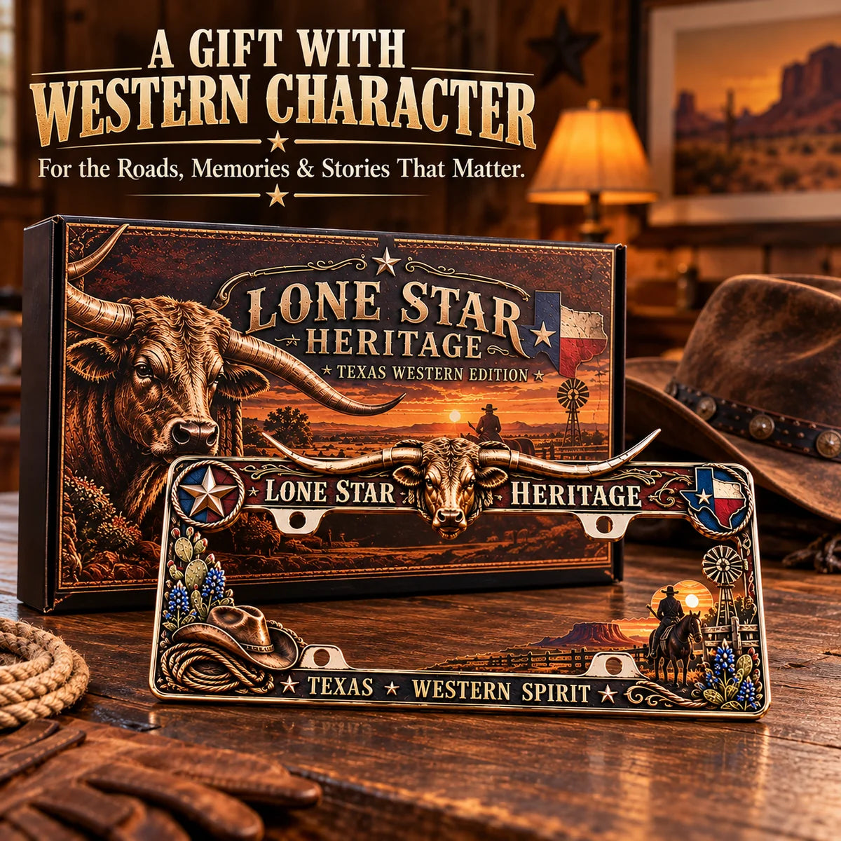 🐂🔥 Texas Longhorn Western Metal License Plate Frame – Vintage Cowboy & Lone Star Ranch Gift 🤠