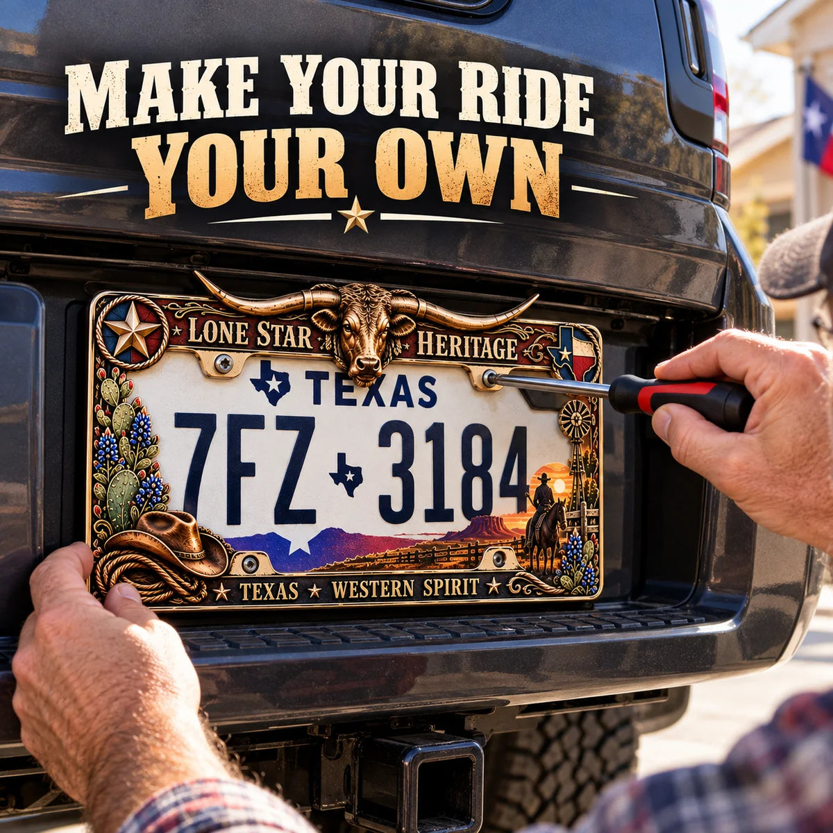 🐂🔥 Texas Longhorn Western Metal License Plate Frame – Vintage Cowboy & Lone Star Ranch Gift 🤠