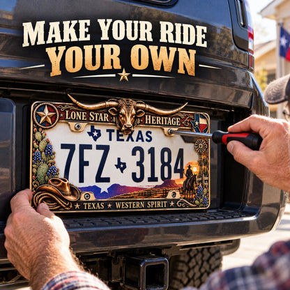 🐂🔥 Texas Longhorn Western Metal License Plate Frame – Vintage Cowboy & Lone Star Ranch Gift 🤠